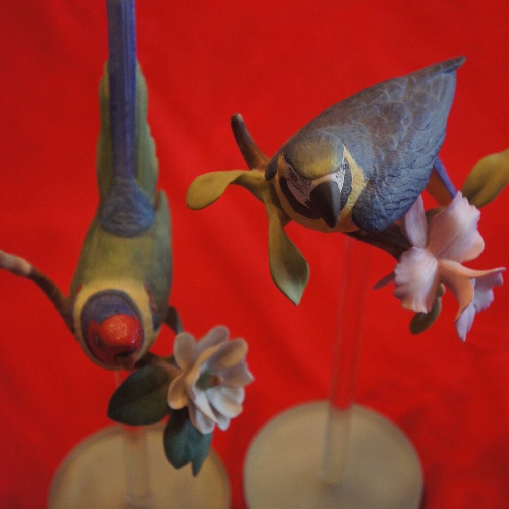 Franklin Mint porcelain African parrot set. On long crystal glass stem